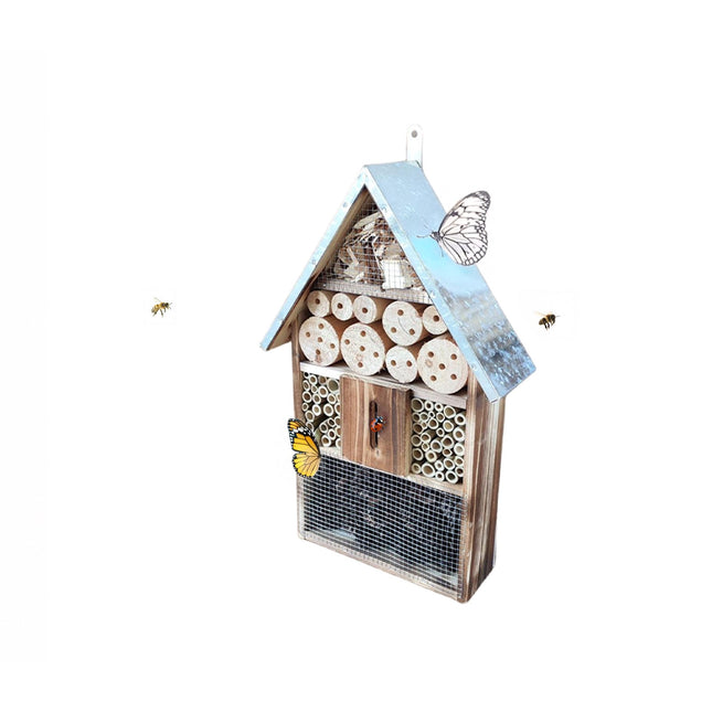 Insect Hotel With Metal Roof, Weatherproof Nesting Shelter