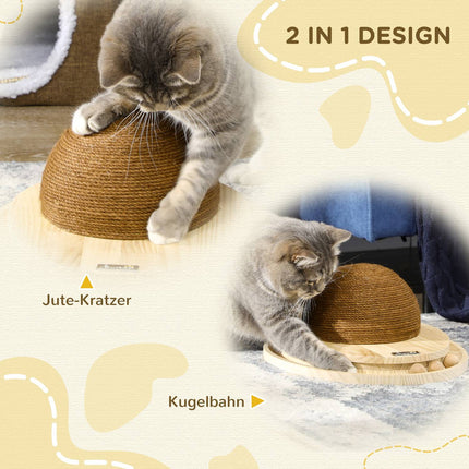 Interactief Kattenspeelgoed 2-In-1 Krabspeeltje Met Krabplank En Knikkerbaan, Jute, Dennenhout, Naturel + Koffie, 39,5X32,5X14,5 Cm