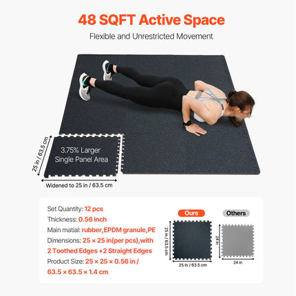 Interlocking Gym Floor Tiles, 0.56 In, 48 Sq Ft Coverage