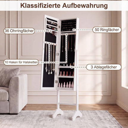 Jewelry Armoire with Mirror, Velvet Lining, White