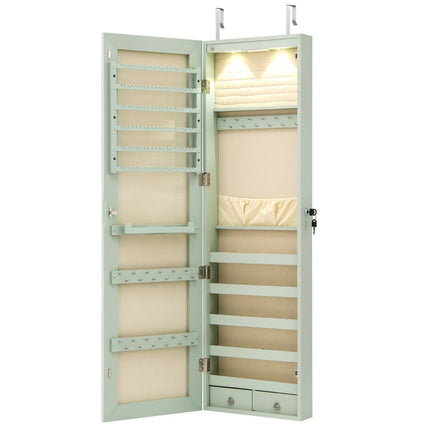 Schmuckschrank mit LED-Beleuchtung, Spiegel, abschließbar, Grün