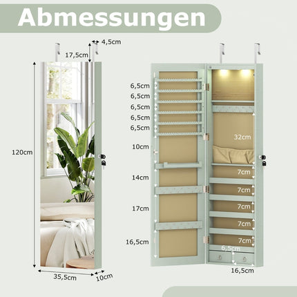 Schmuckschrank mit LED-Beleuchtung, Spiegel, abschließbar, Grün