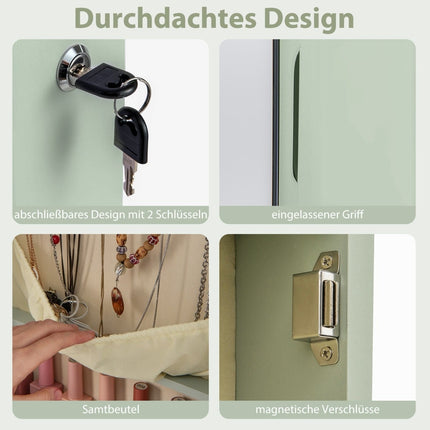 Schmuckschrank mit LED-Beleuchtung, Spiegel, abschließbar, Grün