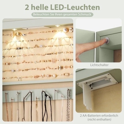 Schmuckschrank mit LED-Beleuchtung, Spiegel, abschließbar, Grün
