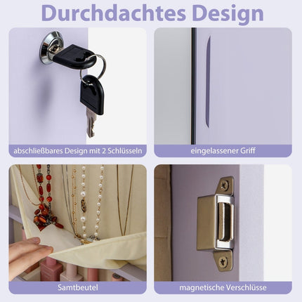 Jewelry Cabinet with LED Light, Mirror, Lockable, Purple