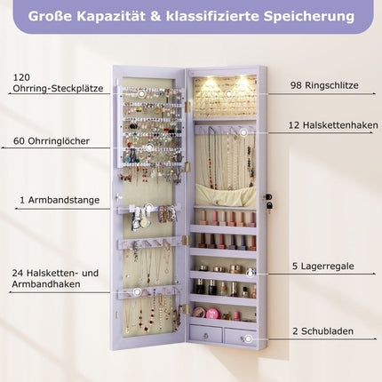 Jewelry Cabinet with LED Light, Mirror, Lockable, Purple
