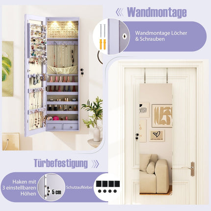 Jewelry Cabinet with LED Light, Mirror, Lockable, Purple
