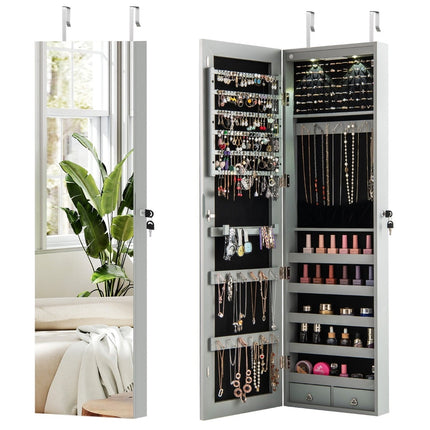 Jewelry Cabinet with LED, Mirror, Lockable, Gray