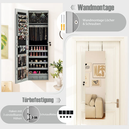 Jewelry Cabinet with LED, Mirror, Lockable, Gray