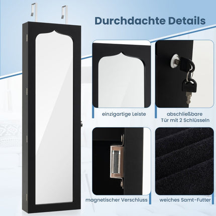 Jewelry Cabinet with Mirror & LED Lights, Lockable, Black
