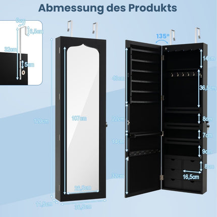 Jewelry Cabinet with Mirror & LED Lights, Lockable, Black