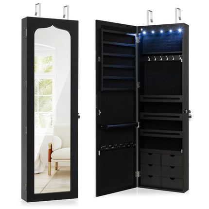 Jewelry Cabinet with Mirror & LED Lights, Lockable, Black