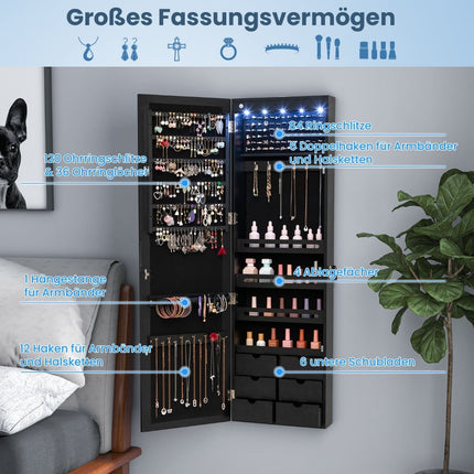 Jewelry Cabinet with Mirror & LED Lights, Lockable, Black