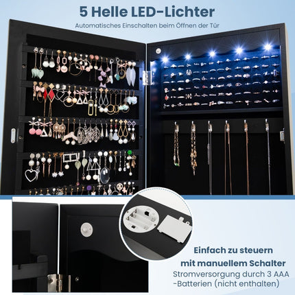 Jewelry Cabinet with Mirror & LED Lights, Lockable, Black