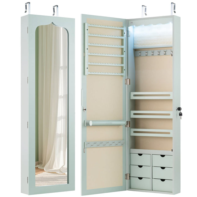 Schmuckschrank mit Spiegel, LED-Beleuchtung, abschließbar, Grün
