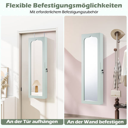 Schmuckschrank mit Spiegel, LED-Beleuchtung, abschließbar, Grün