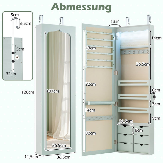 Schmuckschrank mit Spiegel, LED-Beleuchtung, abschließbar, Grün