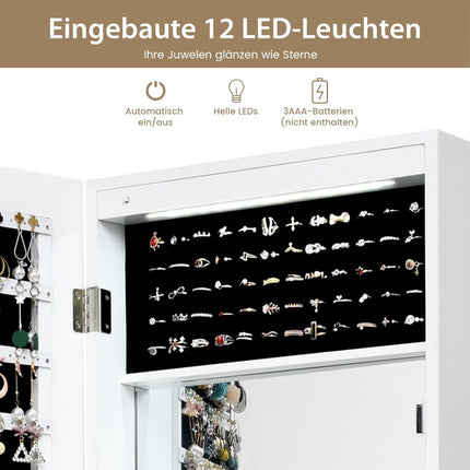 Schmuckschrank mit Spiegel, LED-Beleuchtung, abschließbar, Weiß