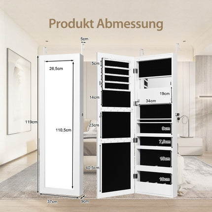 Schmuckschrank mit Spiegel, LED-Beleuchtung, abschließbar, Weiß