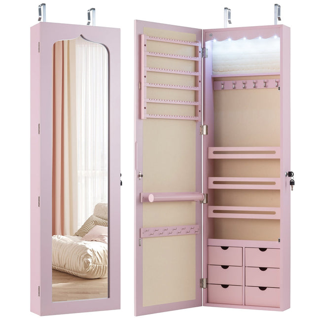 Schmuckschrank mit Spiegel, LED, abschließbar, Pink
