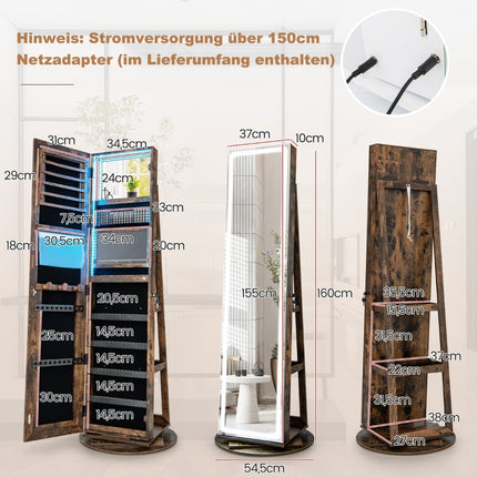 Jewelry Cabinet with Mirror and Adjustable LED Lights