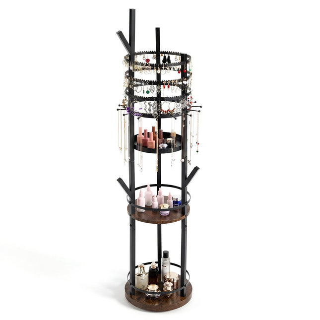 Schmuck-Organizer-Ständer, 360° drehbar, 3-stöckig, Rustikales Braun