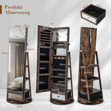 Armoire à bijoux avec miroir pivotant à 360° et miroir pleine longueur 140 x 37 cm Marron rustique