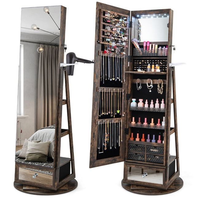 Jewelry cabinet 360° rotating mirror cabinet with full-length mirror 140 x 37 cm Rustic brown