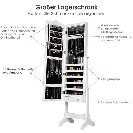 Jewelry cabinet jewelry organizer with full length mirror door 41.5 x 37 x 160 cm white