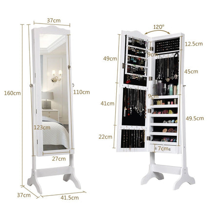 Jewelry cabinet jewelry organizer with full length mirror door 41.5 x 37 x 160 cm white