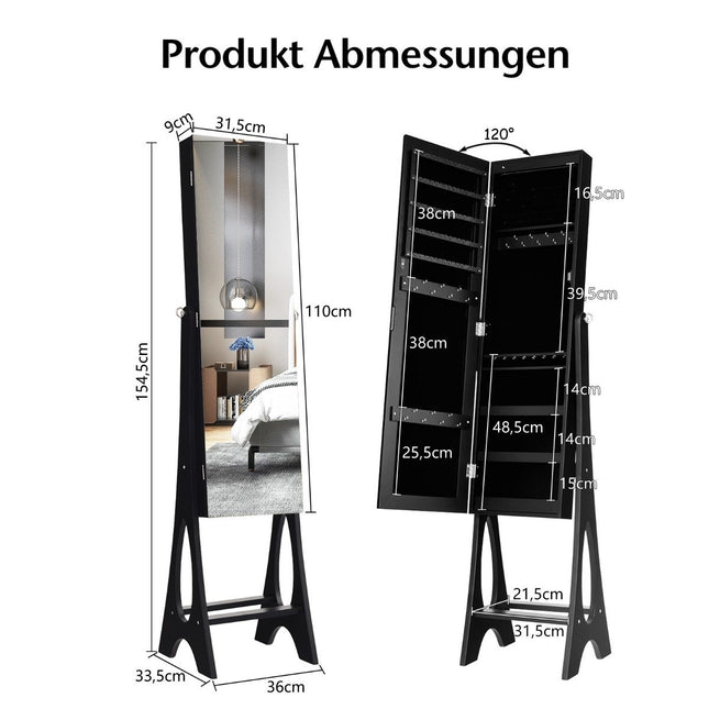 Schmuckschrank Standspiegel 2 in 1 Ganzkörperspiegel mit 12 LEDs 36 x 33,5 x 154,5 cm schwarz