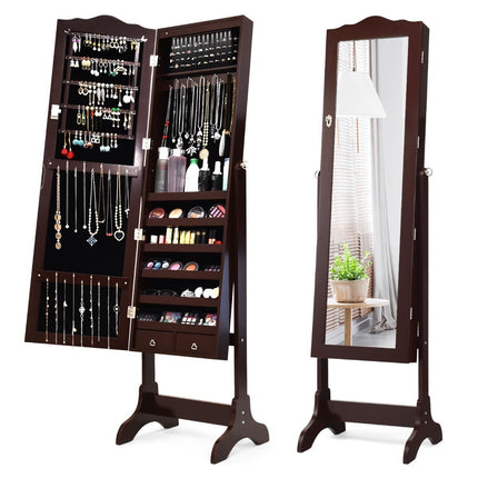 Jewelry cabinet with 14 LED lights & full length mirror jewelry shelf mirror cabinet brown