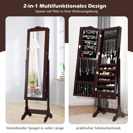 Jewelry cabinet with 14 LED lights & full length mirror jewelry shelf mirror cabinet brown