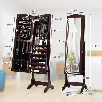 Jewelry cabinet with 14 LED lights & full length mirror jewelry shelf mirror cabinet brown