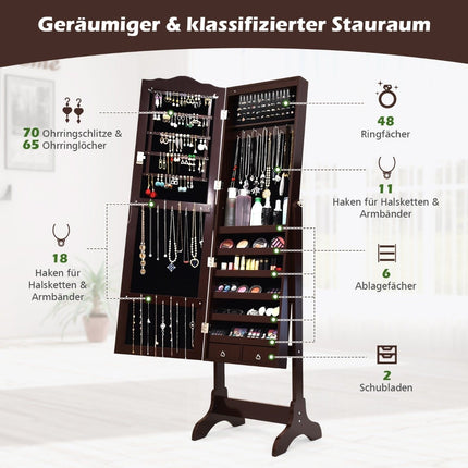 Jewelry cabinet with 14 LED lights & full length mirror jewelry shelf mirror cabinet brown