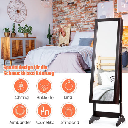 Schmuckschrank mit Ganzkörperspiegel, freistehender Schmuckständer, 41 x 36,5 x 146 cm, braun