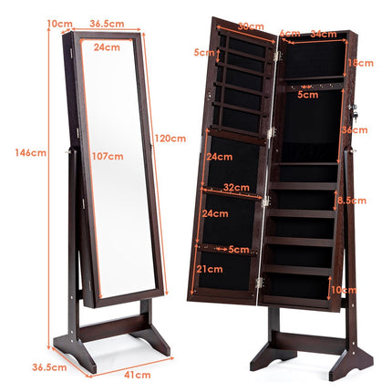 Schmuckschrank mit Ganzkörperspiegel, freistehender Schmuckständer, 41 x 36,5 x 146 cm, braun