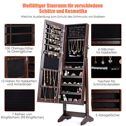 Schmuckschrank mit Ganzkörperspiegel, freistehender Schmuckständer, 41 x 36,5 x 146 cm, braun