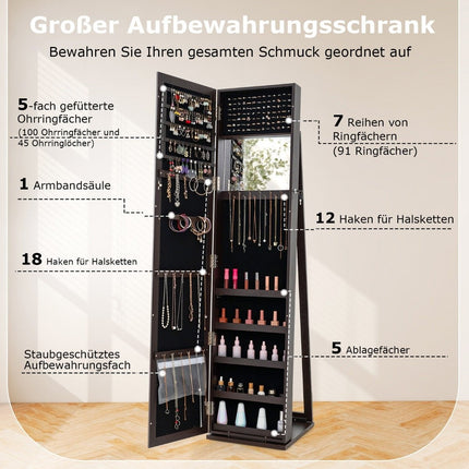 Schmuckschrank mit Ganzkörperspiegel &amp; integriertem Kosmetikspiegel Spiegelschrank dunkelkaffee