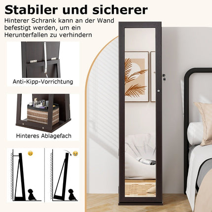 Schmuckschrank mit Ganzkörperspiegel &amp; integriertem Kosmetikspiegel Spiegelschrank dunkelkaffee