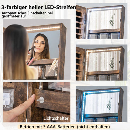 Šperkovnice se zrcadlem a tříbarevným LED osvětlením 41.5 x 37 x 157 cm, rustikální hnědá