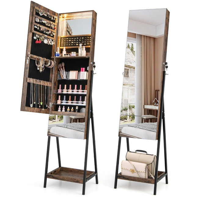 Schmuckschrank mit Spiegel Spiegelschrank abschließbar mit 3 farbigen LED-Leuchten 41 x 35 x 166 cm braun