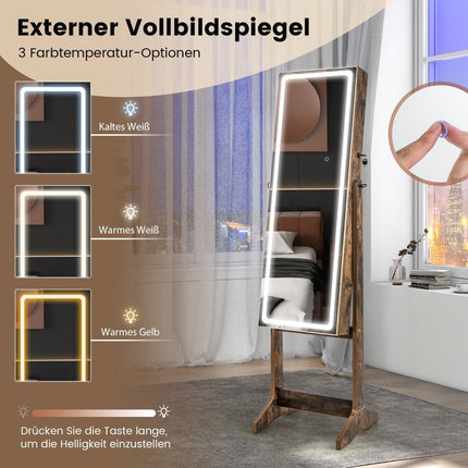 Schmuckschrank mit Spiegel & 3-farbiger LED-Beleuchtung Spiegelschrank Schmuckregal Rustikales Braun