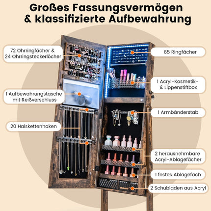 Schmuckschrank mit Spiegel & 3-farbiger LED-Beleuchtung Spiegelschrank Schmuckregal Rustikales Braun