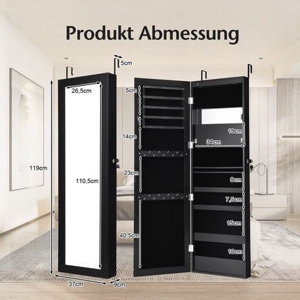 Sieradenkast met spiegel en beklede planken, haken en vakken, cosmeticakast, zwart