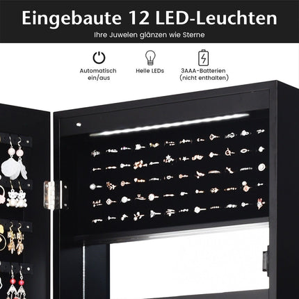 Sieradenkast met spiegel en beklede planken, haken en vakken, cosmeticakast, zwart