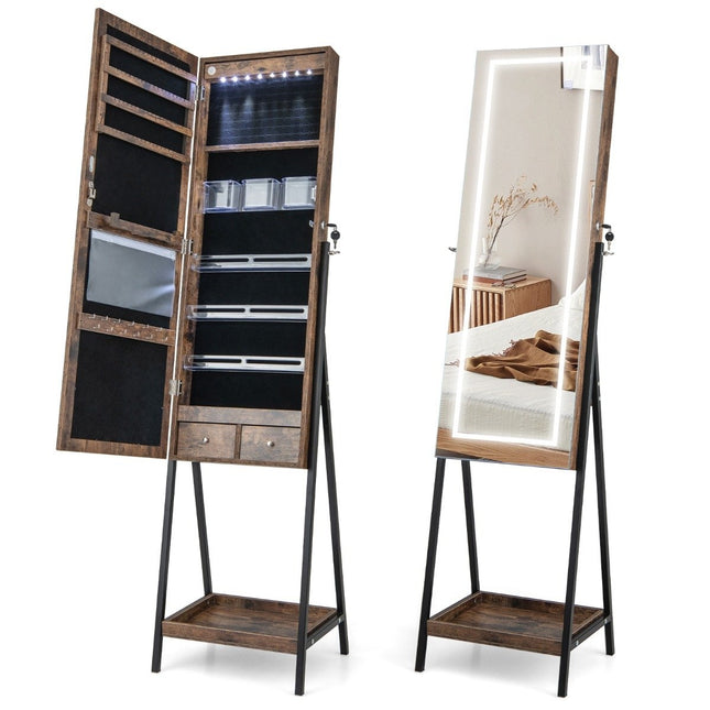 Jewelry cabinet with shelf & full-length mirror & 3 colored LED lights & 2 drawers brown