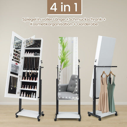 Schmuckschrank mit Rollen 4 in 1 Spiegelschrank mit 3-farbigen LED-Leuchten &amp; verstellbarer Höhe weiß