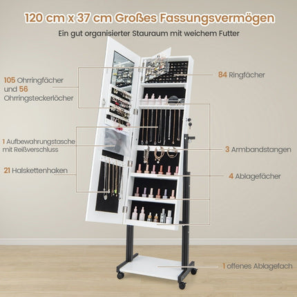 Schmuckschrank mit Rollen 4 in 1 Spiegelschrank mit 3-farbigen LED-Leuchten &amp; verstellbarer Höhe weiß