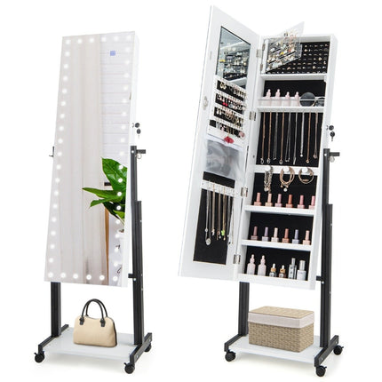 Schmuckschrank mit Rollen 4 in 1 Spiegelschrank mit 3-farbigen LED-Leuchten &amp; verstellbarer Höhe weiß